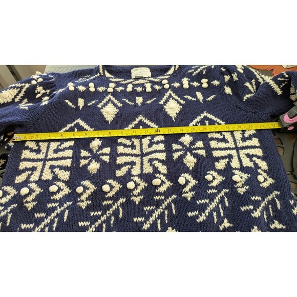 Vintage Jennifer Reed Hand Knit Sweater Sz 4 Pom Pom Cottage Cabin Navy White - Picture 7 of 8